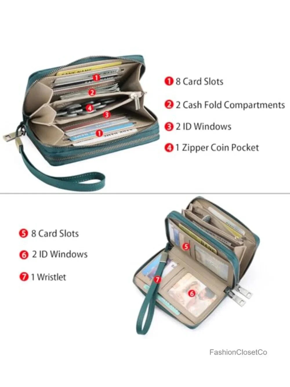Medium Double Zip RFID Wristlet Wallet 16 Card Slots Removable Strap